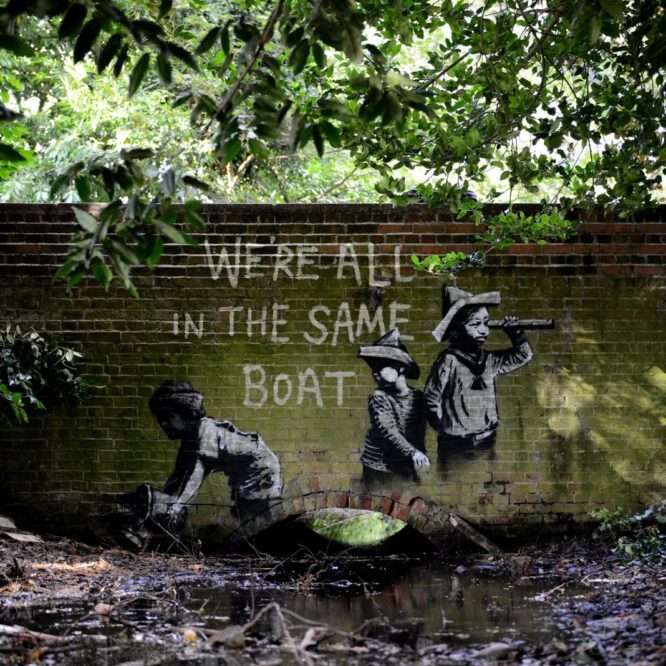 The piece which features one child looking ahead as though out to sea, another child behind looking over their shoulder, and a third child at the back of the boat appearing to be leaning over the side holding a bucket, has not been officially claimed as the work of Banksy, the picture bares a resemblance to the artist's other works